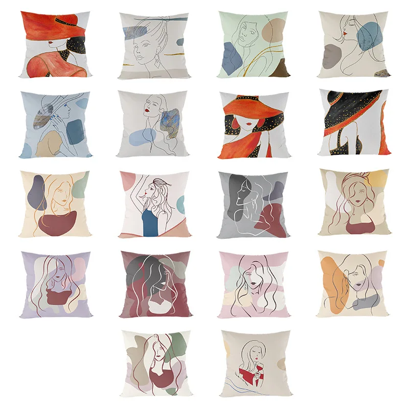 

Linen Pillowcase Morandi Color Abstract Line Drawing Girls Print Cushion Cover Modern Abstract Art Sofa Decorative Throw Pillows