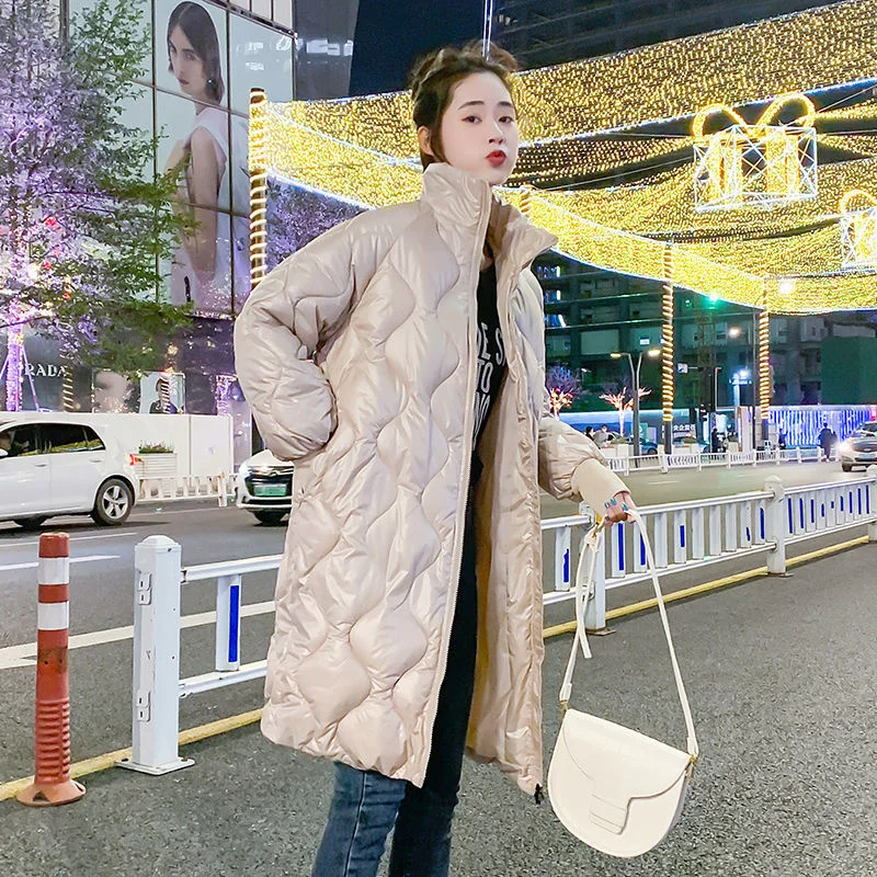 Winter Jacket Women Cotton Padded Clothes Light Middle Long Standing Collar 2021 Bright Face Streetwear Fashion Bubble Coat