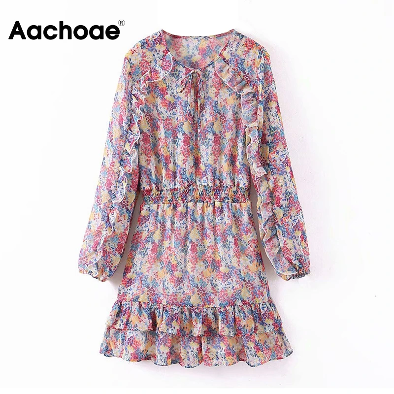 Платье женское шифоновое ТРАПЕЦИЕВИДНОЕ с цветочным принтом и бантом на