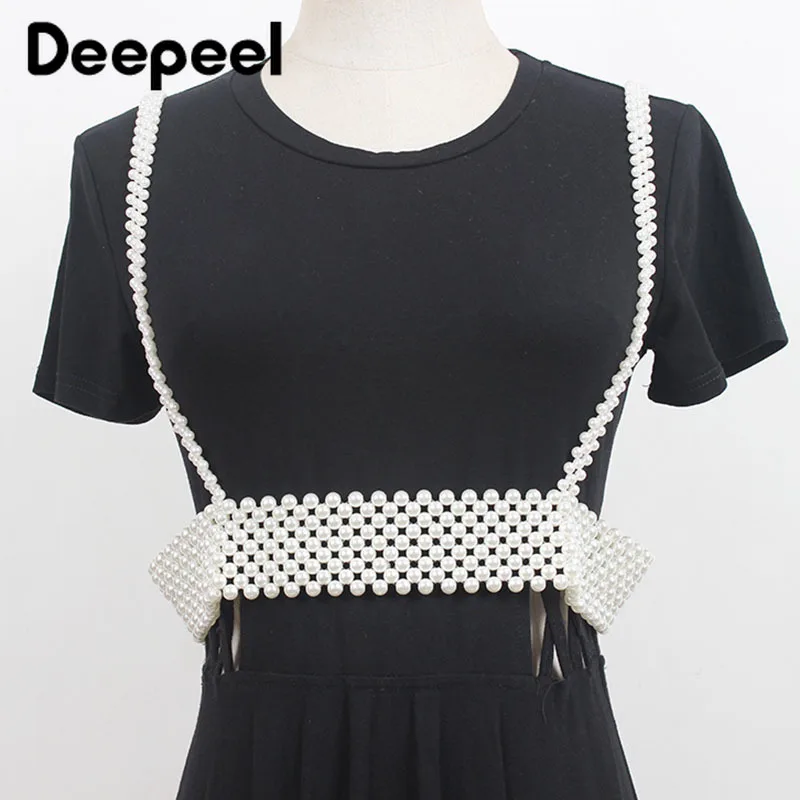 

2021 Deepeel 1pc 5cm *78cm Hand-beaded Pearl Harness Waist Cummerbunds Suspenders Decorative Wide Female Fashion Corset Belts