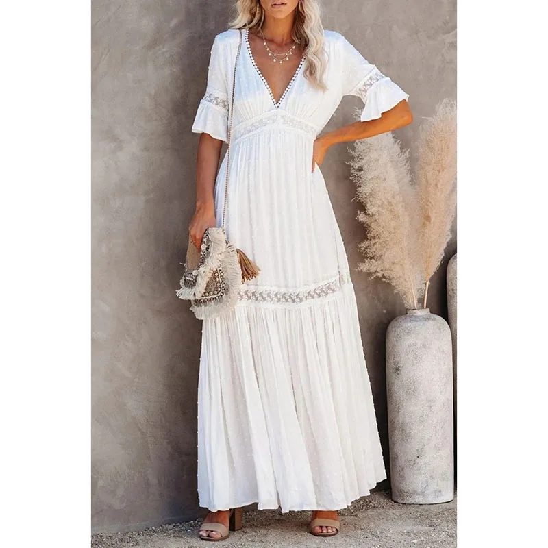 

Ordifree 2022 Summer Women Maxi Party Dress Half Sleeve Polka Dot White Lace Vocation Tunic Long Beach Dress