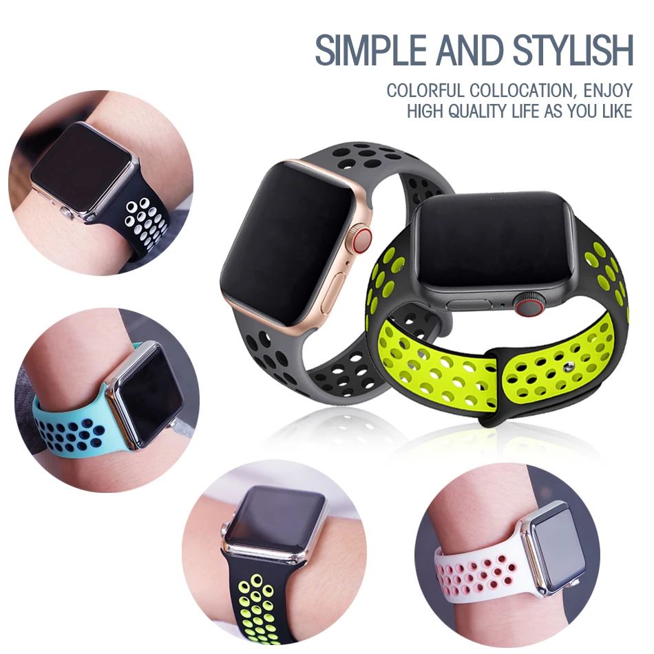 Ремешок силиконовый для Apple Watch band 44 мм 40 38 42 Воздухопроницаемый спортивный