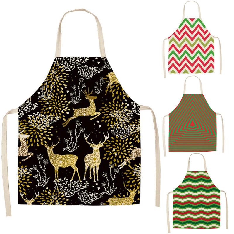 

Wave Stripe Christmas Cotton Linen Apron Kitchen Women Baking Santa Claus Waist Bib Brief Sleeveless Pinafore