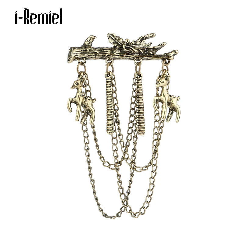 

High-end Vintage Brooch Gold Lapel Pin Retro Tree Branch Chain Tassel Men's Suit Corsage Dress Wedding Badge Jewelry Accessories