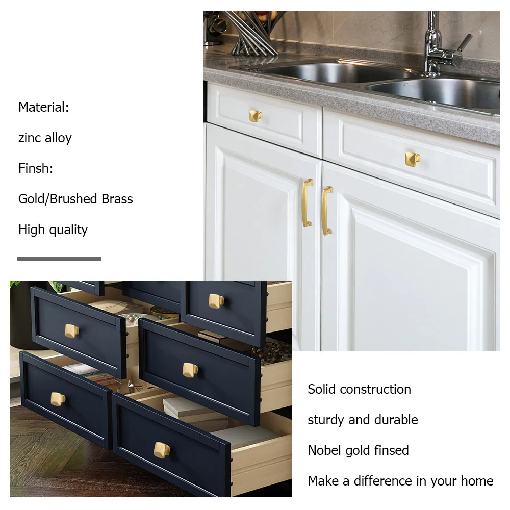 

Brushed Brass Cabinet Knobs Solid Square Drawer Pulls Kitchen Cabinet Handles Gold Knobs for Dresser Hardware 1.2inch Width