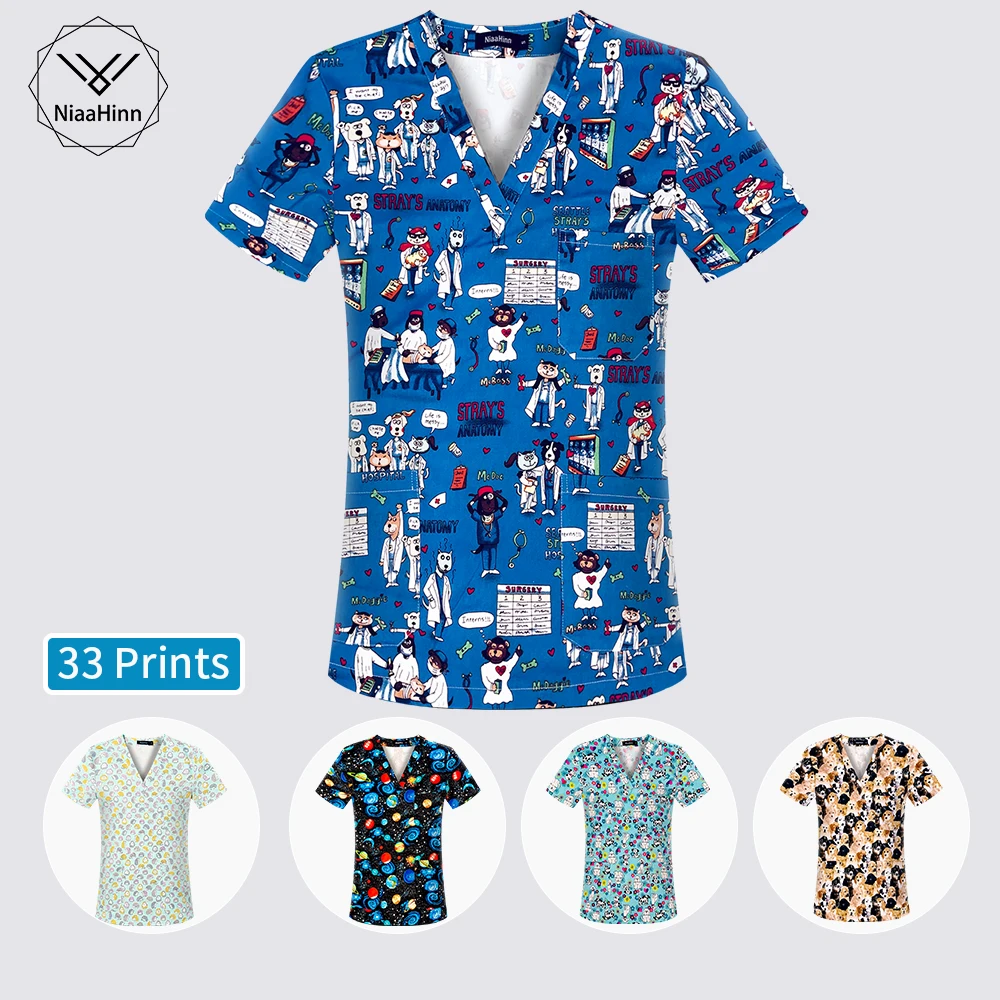 Uniforme de enfermería con estampado Multicolor para hombre, camisa de enfermera con cuello en V, suministros de clínica dental