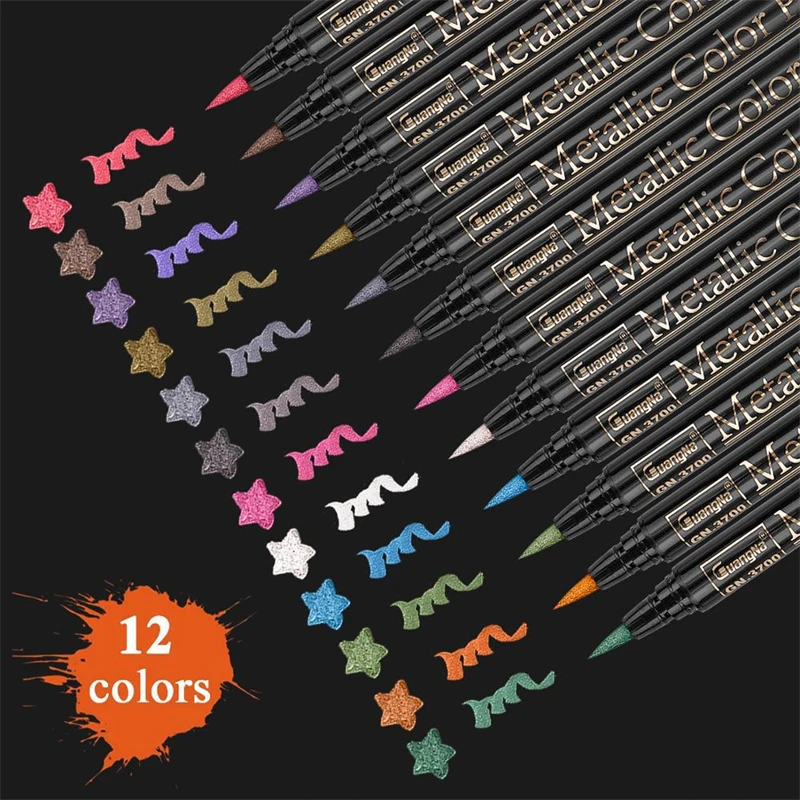 12 colors/pack high quality metallic pen 2mm water based for black brown card Drawing Stationery School supplies