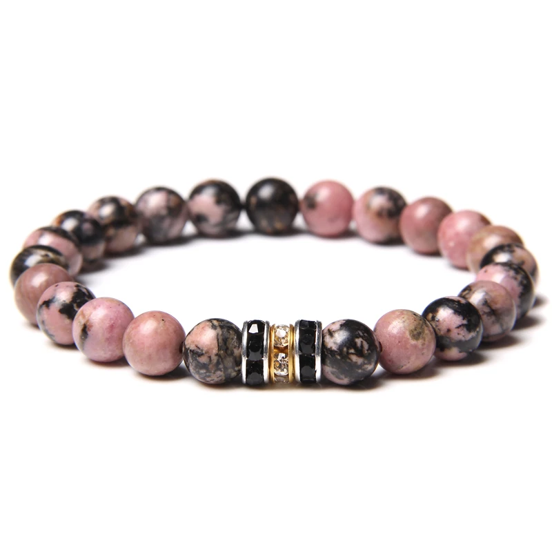 

Men Bracelets Buddhism CZ Tube Charm Bracelet For Women Vintage Natural 8 mm Rhodonite Beads Bangle Elastic Jewelry For Couples