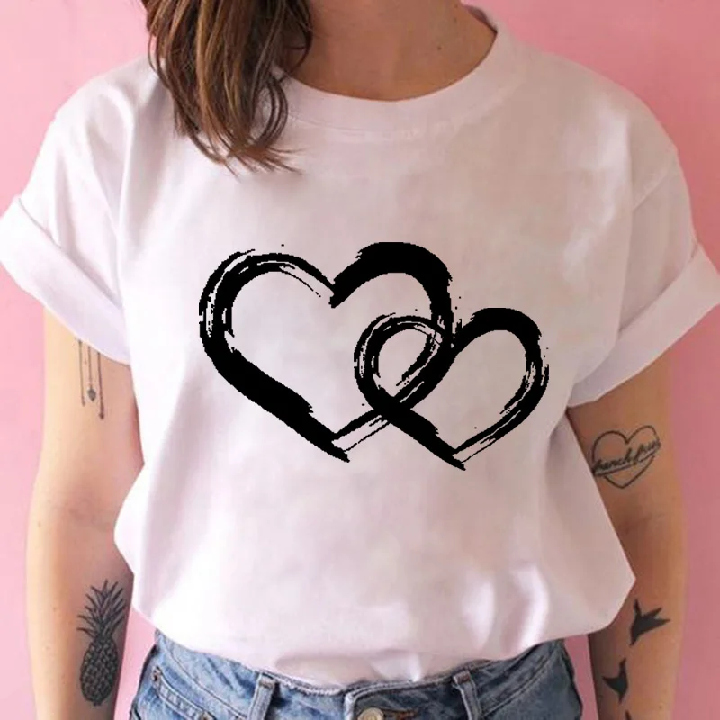 

Women T-shirts with Hearts Casual Harajuku Print T-shirts 2020Summer Women Short Sleeve White ladies T-shirt Hallyu Tops