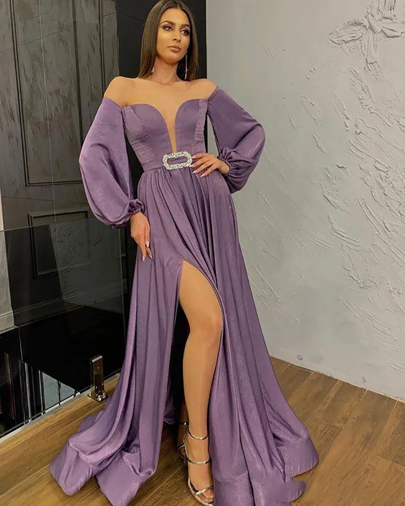 

Lavender Evening Dresses A-line Long Sleeves Slit Sexy Dubai Saudi Arabia Long Prom Dress Gown Robe De Soiree