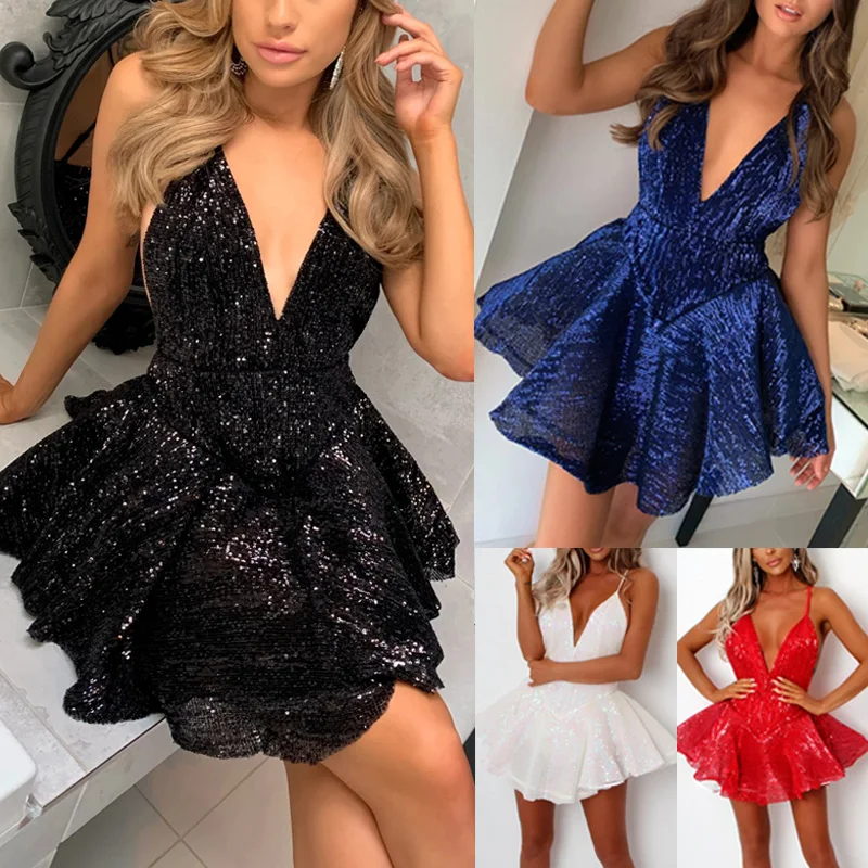 Женское модное блестящее мини платье с глубоким V образным вырезом Женская