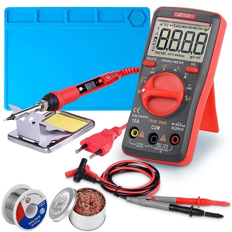 80W LCD Digital Display Adjustable Temperature Soldering Iron Kit with USB Charging Digital Multimeter Auto Ranging AC/DC Tester