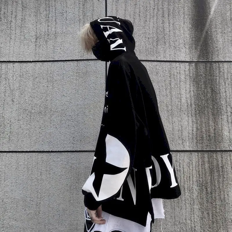 

Gothic Oversized Hoodies Women Sweatshirt Men Hong Kong Style Loose Trend Letter Printing Hooded Student Plus Velvet Thickening