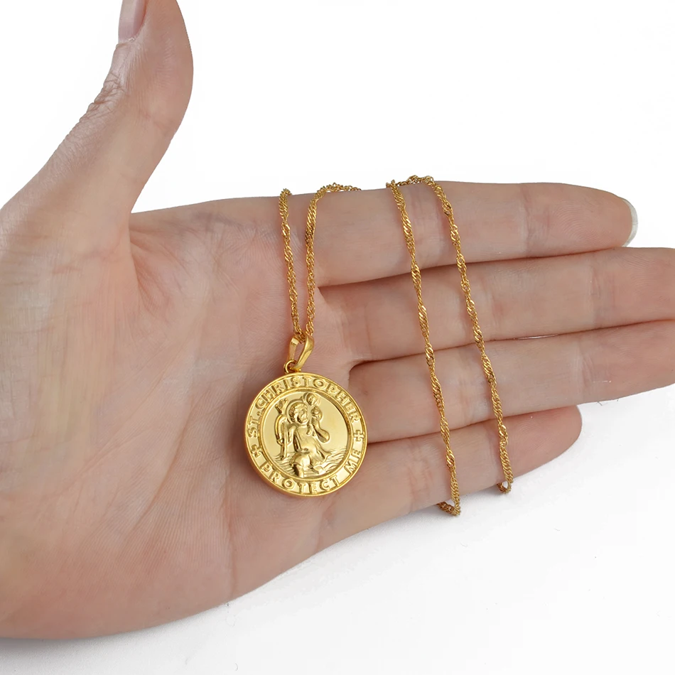 Anniyo St. Christopher Protect Me Necklaces for Women - Light Gold/Silver Color Saint Christophe Pendant - Religious Jewelry #040904 image 4