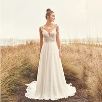 long sleeve boda civil wedding dresses 2022 elegant chiffon appliques bridal dress o neck sweep wedding gown plus size