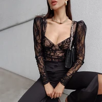 instahot lace women t shirt elegant vintage long sleeve transparent slim party streetwear casual top 2021 autumn fashion tshirt