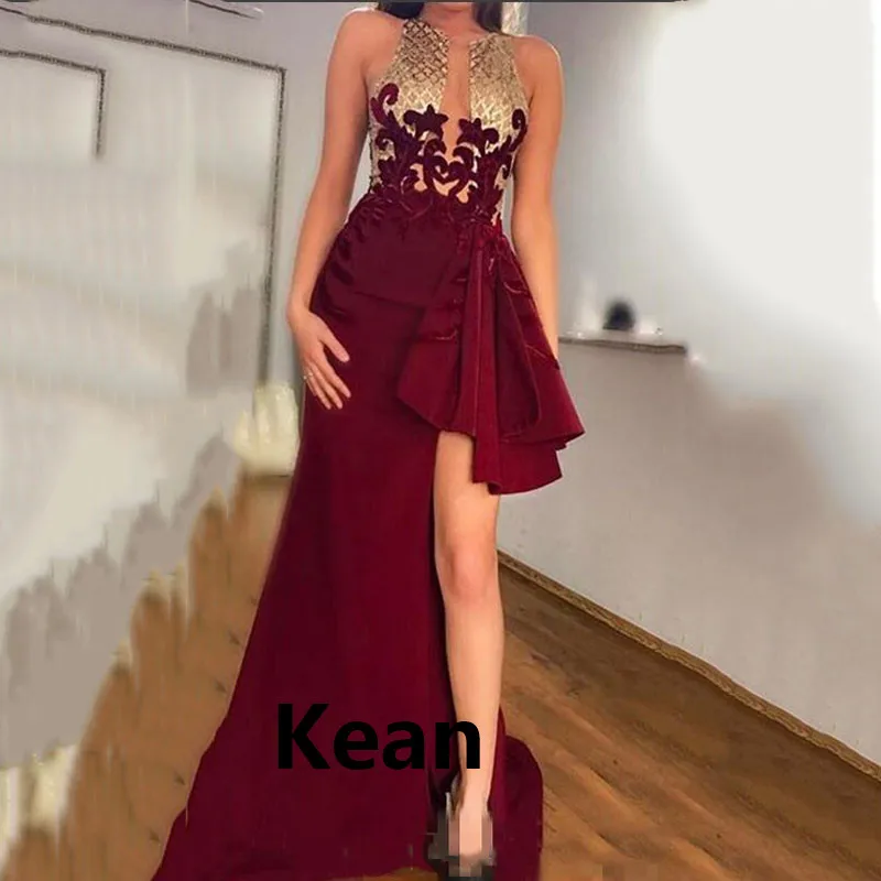 

Burgundy Evening Dress High Slit Golden Lace Ruffle Deep-v Islamic Dubai Saudi Arabic Evening Gown Prom Dress vestidos de festa