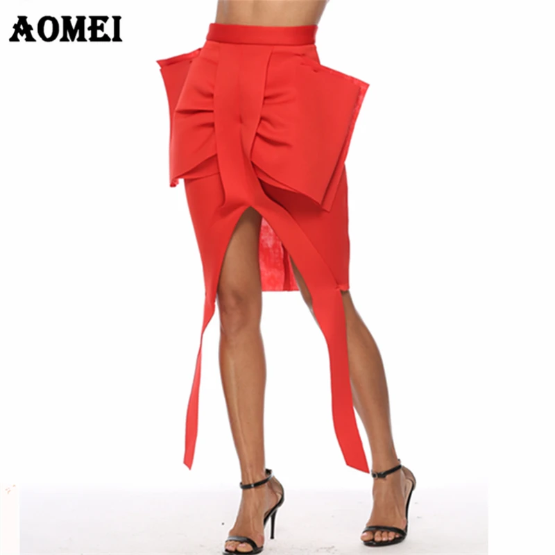 Женская юбка карандаш спереди большой галстук бабочка высокая талия разрез