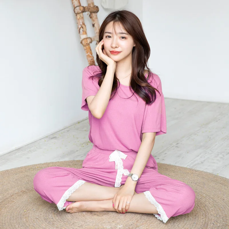 New Summer Pajamas Women's Short Sleeve Lace Edge Pure Color Cotton Home Clothes Spring Autumn Nightwear Leisure Suit Sleepwear