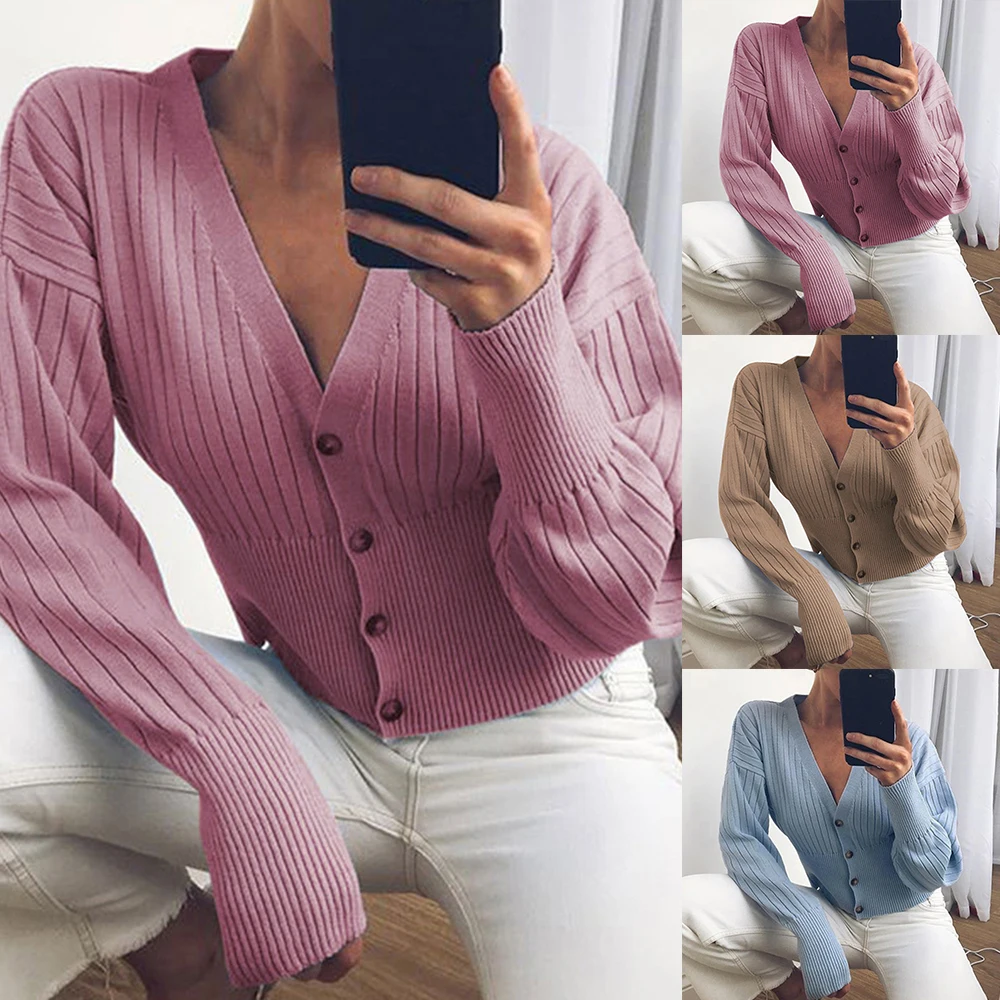 Женский свободный свитер пальто розовый вязаный пикантный зимний с V-образным