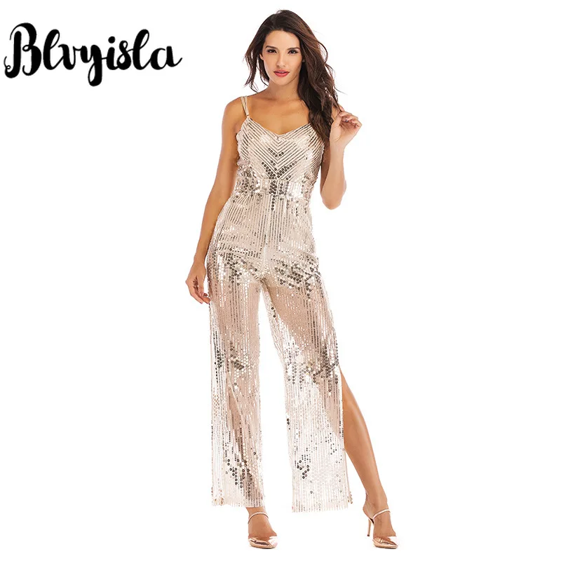 

Blvyisla Sling Sequin Jumpsuit Sexy Women Split Bodysuit Women Backless Romper Playsuits Party Wear