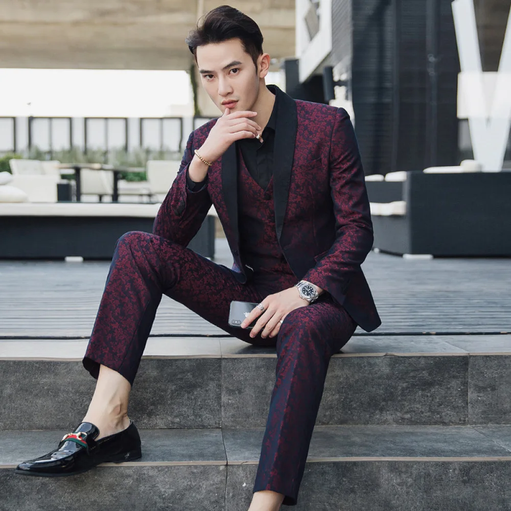 

Fashion British Retro Printing Suit for Men Three Pieces Set Male Palace Style Large Size Suit Business Social Banquet Suit