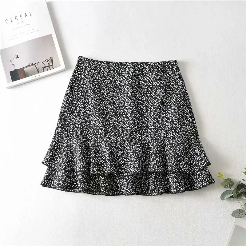 

2022 summer fashion tree leaf print ruffles black short skirts female chic cascading ruffles high waist mini skirt femme