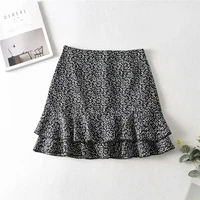 2022 summer fashion tree leaf print ruffles black short skirts female chic cascading ruffles high waist mini skirt femme
