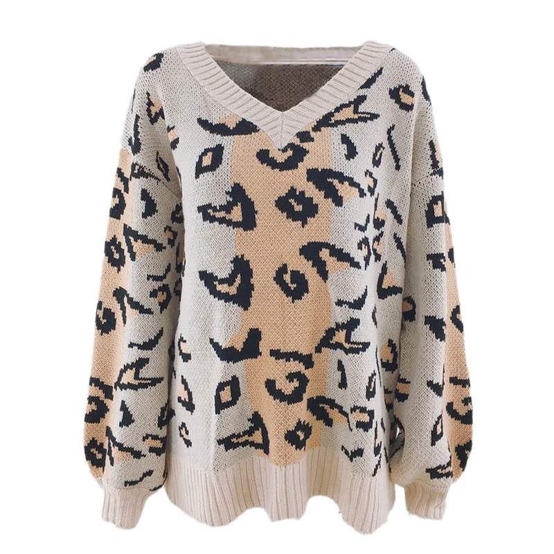 

Streetwear Knitted V Neck Leopard Print Sweater Long Sleeve Autumn Winter Sexy Off Shoulder Sweater Woman Sweaters Pullovers