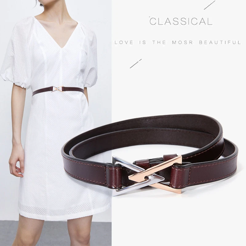 

Fashion Simple Ladies Belt Two-color Retro Adjustment Free Punch Decorative Belt Triangle Double Buckle Waist Ornament