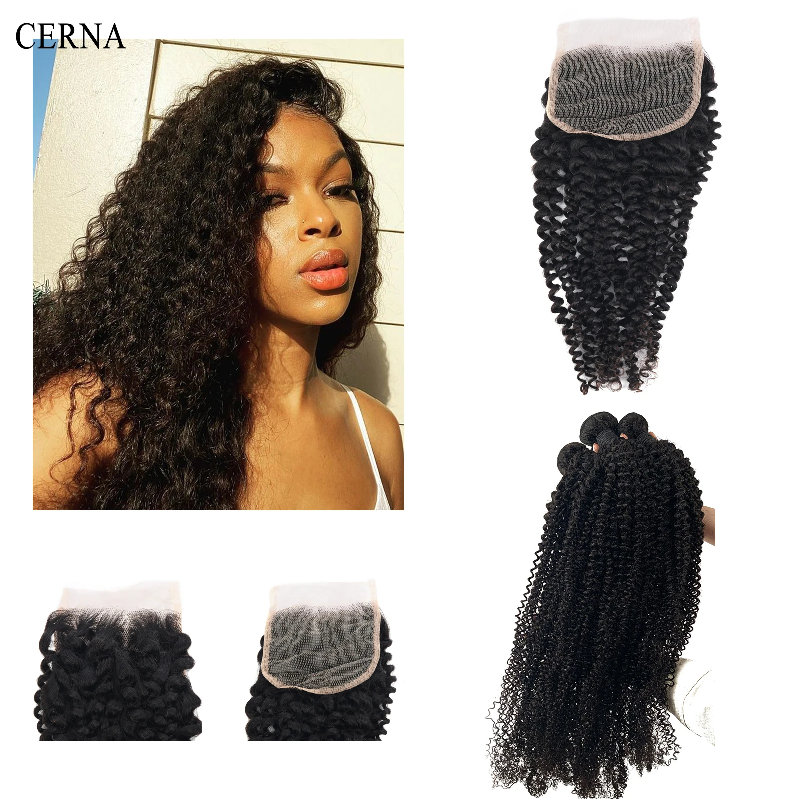 Kinky Curly Human Hair Bundles With Closure Brazilian Weave 4x4 Lace Closures Natural 3/4 with | Шиньоны и парики