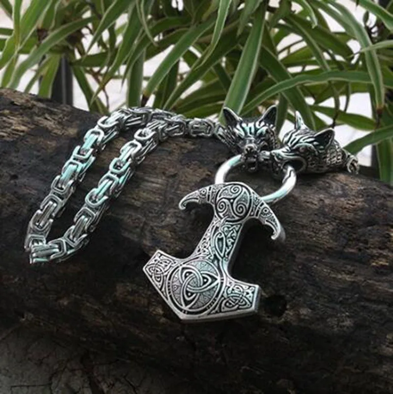 

Viking Wolf Head Men Stainless Steel and Viking Pendant Necklace