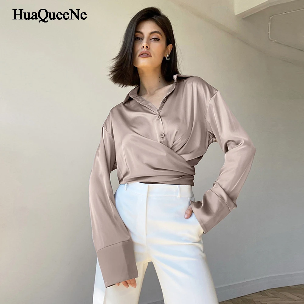 

Women's Blouse Top Fashion Button Satin Silk Blouse Vintage Top Office Women's Long Sleeve Top Loose Basic Top Free Shipping