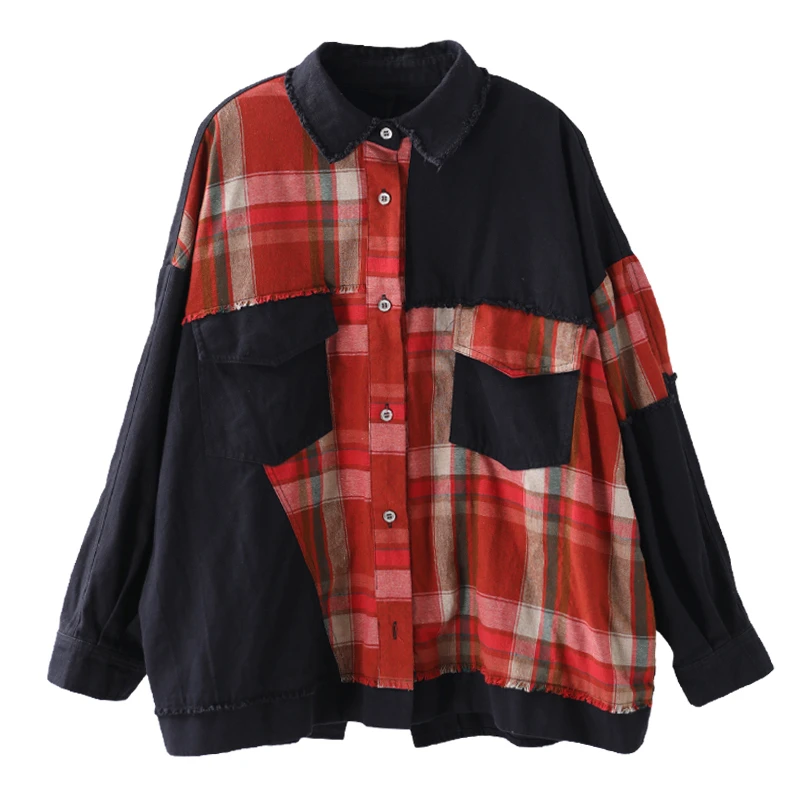 CHICEVER/винтажная клетчатая хит цвета женская рубашка воротник с лацканами длинный