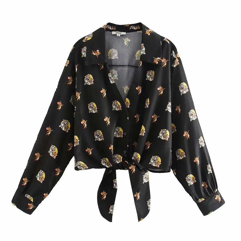 Women shirt za 2020 carton mouse and cat print V neck blouse vintage long sleeve bow blusa feminina casual plus size womens tops | Женская