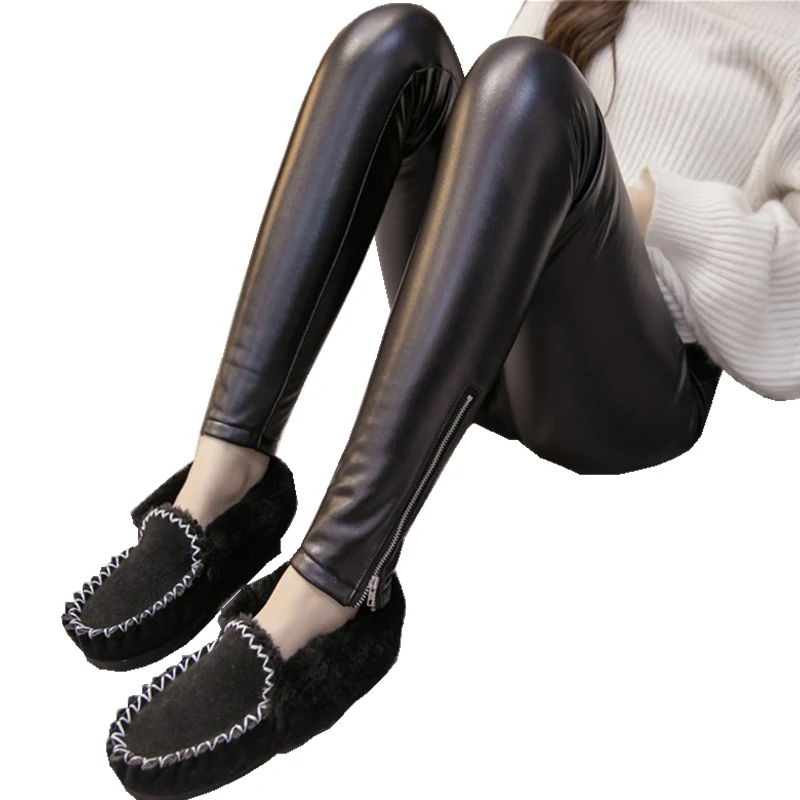 

2020 PU Leather Pregnant Women Velvet Leggings Autumn Winter Warm Pants For Femme Enceint Thick Velvet Adjustable High Waist