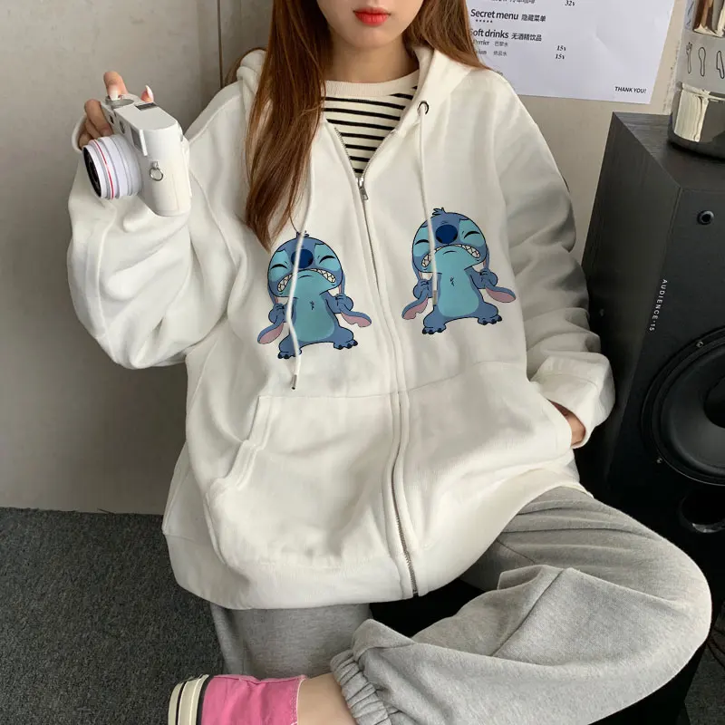 

2021 Fashion Funny Sticht Disney Kawaii Cartoon Anime Pockets Hoodies Women Harajuku Zip Up Female White Sweatshirts Clothing