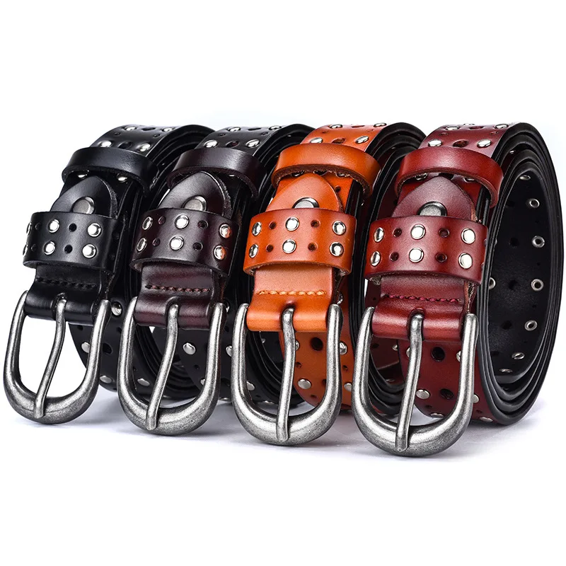 

Female genuine leather rivet belts high quality designer Fashion Pin Buckle Waist Women Belts Luxury Brands Leather Belt Female