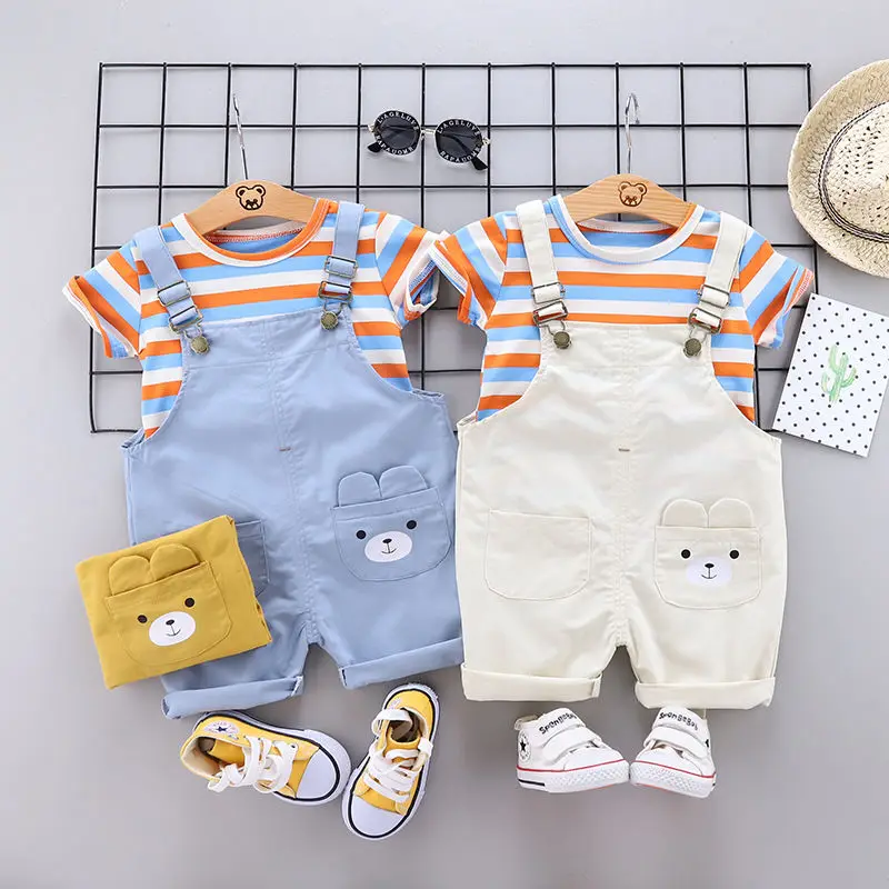 Summer Children Cotton Baby Boy Girl Clothes Cartoon Stripe T Shirts Bib Shorts 2Pcs/sets Infant Kids Fashion Toddler Tracksuits | Детская