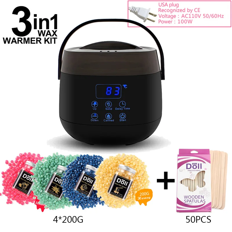 USA Plug B Sets Электрический цифровой нагреватель воска для удаления волос 200 г* 4 восковые бобы 50 шт. наклейки для удаления волос Набор для восковой эпиляции инструмент для красоты - Цвет: USA Plug B Sets