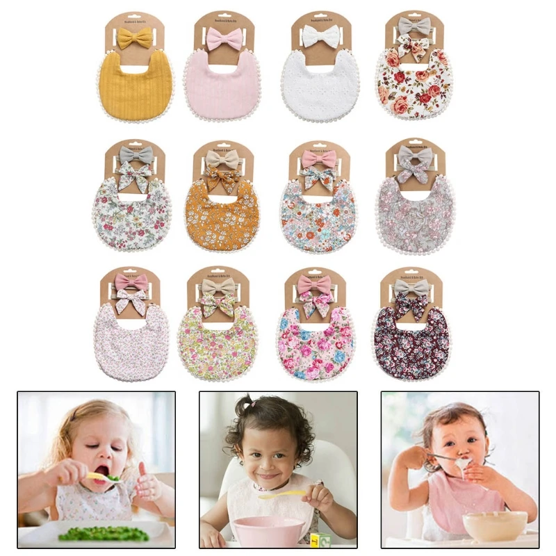 

Baby Headband Tassel Saliva Towel Kit Floral Print Double Side Bib Feeding Bandana Burp Cloths Boy Girl Newborn Photography Prop