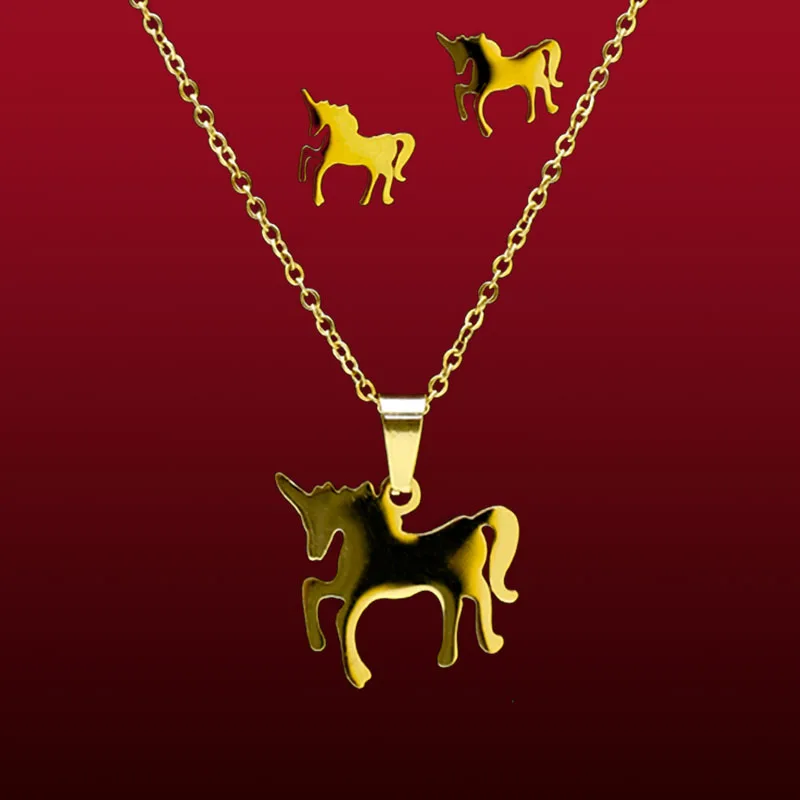 fengnee Stainless Steel unicorn Necklace Women Jewelry Sets Bijoux Animal Licorne Necklaces Pendants Cute Earrings Kids Gifts