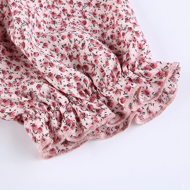

Short Sleeves Dress Bowknot Sweet Y2k V-neck Collar Mini Sexy Puff-sleeves Flower Print Elegant Club Lovely 2021 Woman