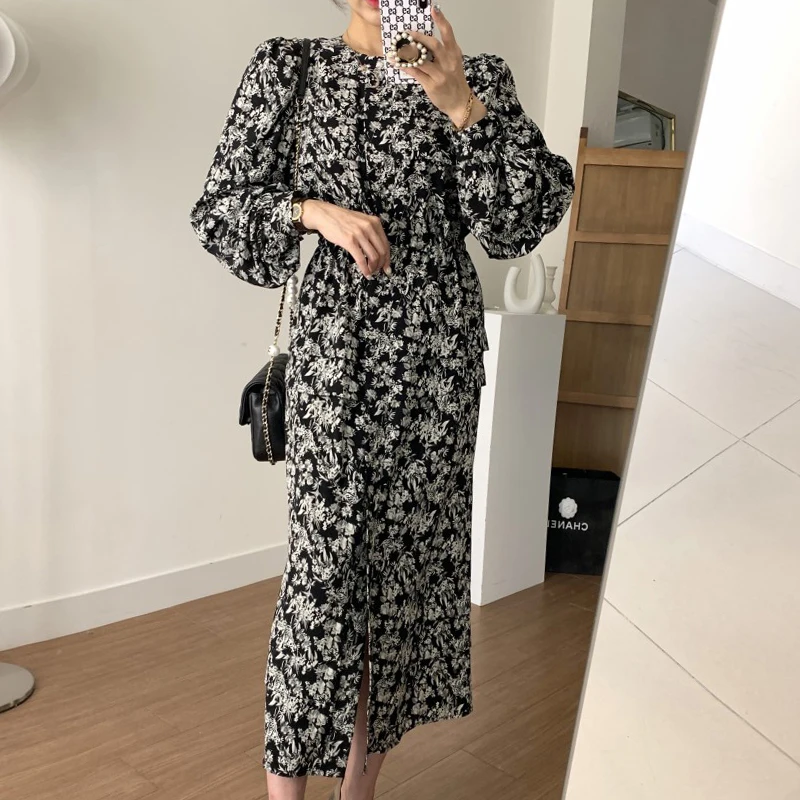 

Women Fashion High Waist Print Dresses Elegant Puff Sleeve Chiffon Spring Summer O Neck Korean Style Vintage Dress