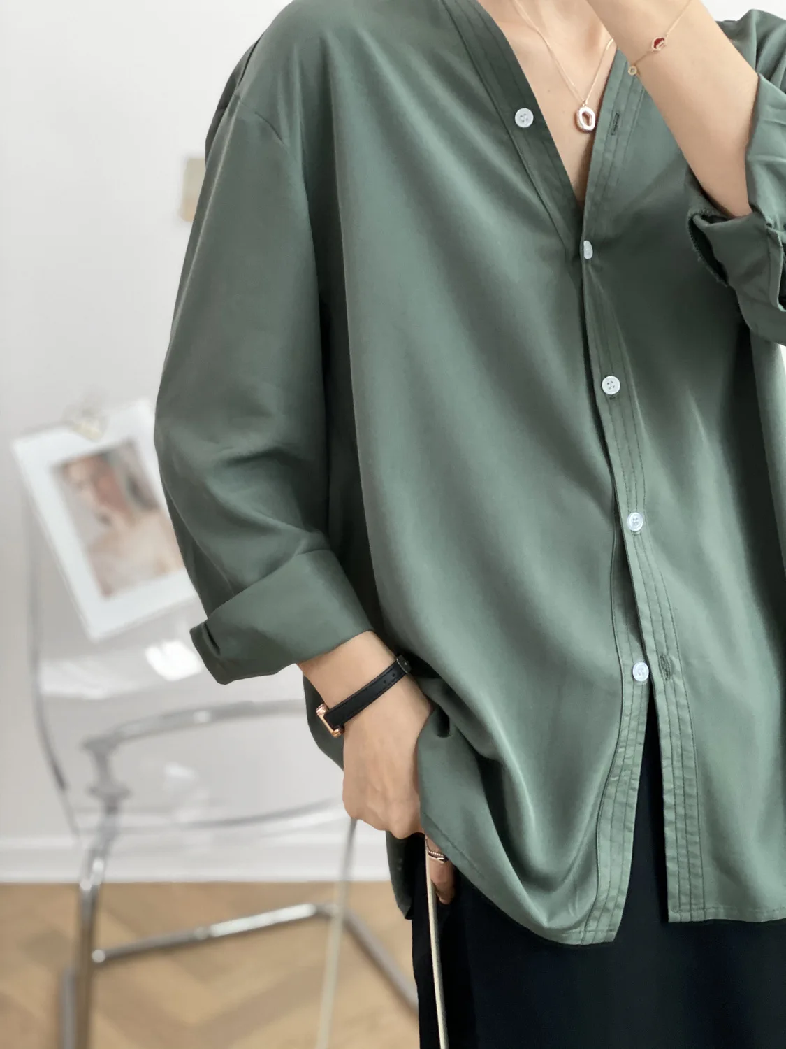 

Collarless Chic Satin Shirt Simple Casual Top Women's Blouse Street Office Ropa de mujer Autumn Blouses Solid Color Tops verano