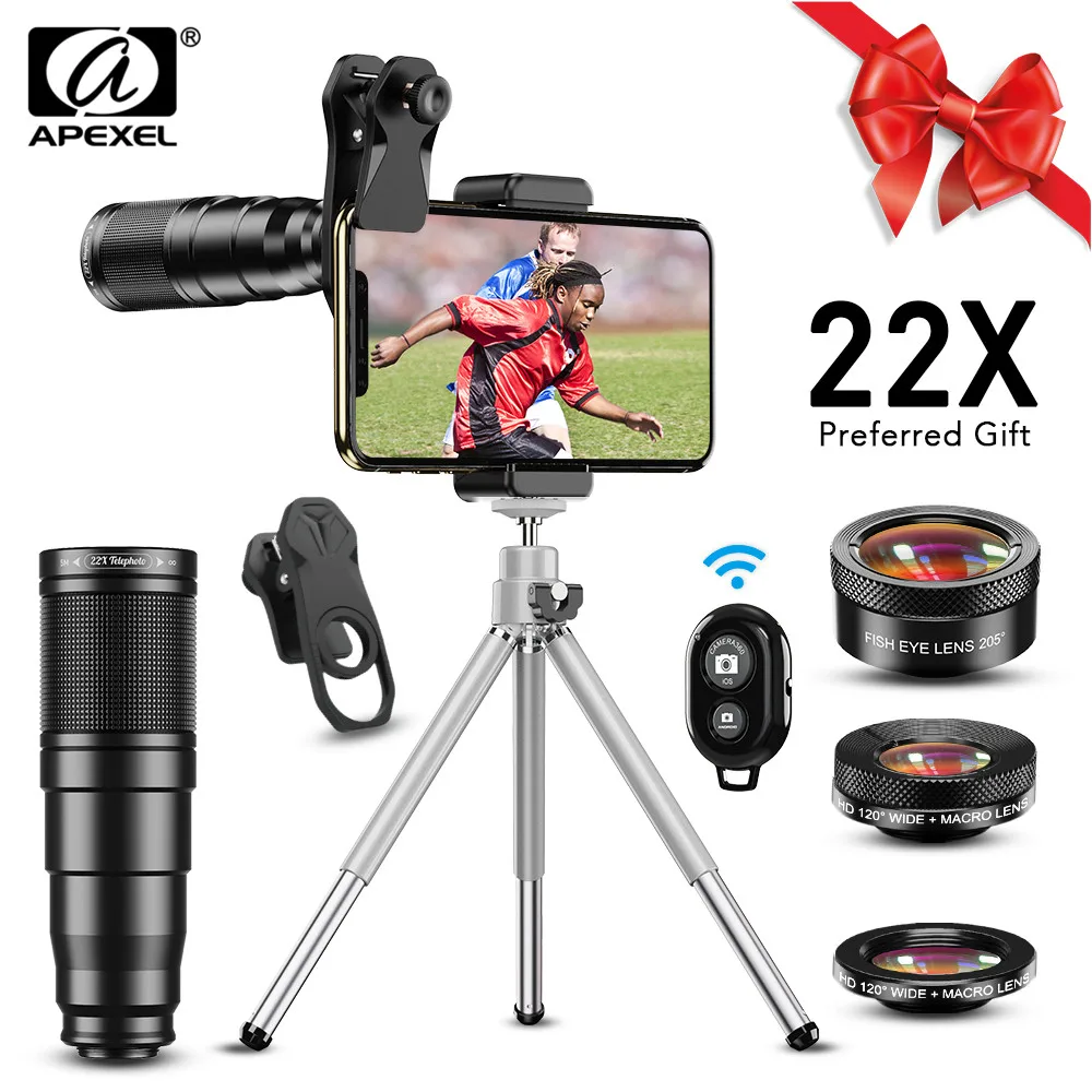 

APEXEL New HD Phone Camera Lens Kit 4in1 Telephoto Zoom Monocular Telescope 22X Lens Macro Wide Fisheye Lens With Remote Tripod