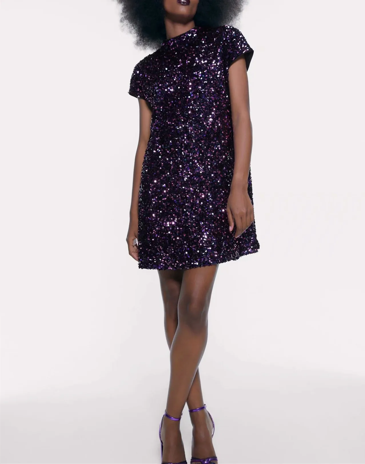 Женское повседневное прямое мини платье с блестками и воротником стойкой