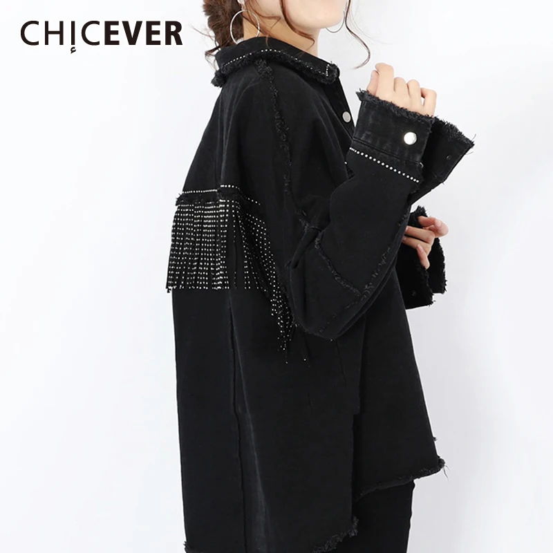 

CHICEVER Black Patchwork Tassel Denim Coat For Women Lapel Long Sleeve Single Breasted Loose Jackets Female Spring Fashion 2021