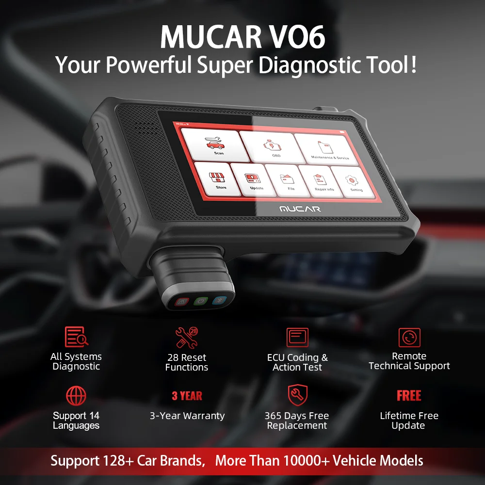 MUCAR VO6 Auto obd2 Scanner Diagnostic Tools Full System Action Test ECU Coding 28 Resets OBD2 Tool Lifetime Free Update |