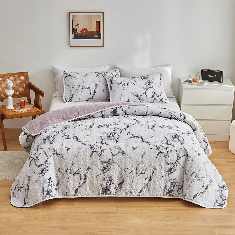 

3pcs/set Marbing Print Bedspread King Size Blanket Quilted Quilt Duvet with Pillowcase Adults Coverlet Bed Spread Double Bed